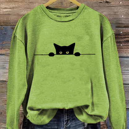 Cat Print Pullover Sweatshirt – Casual Long Sleeve Crew Neck Sweatshirt for Fall & Winter