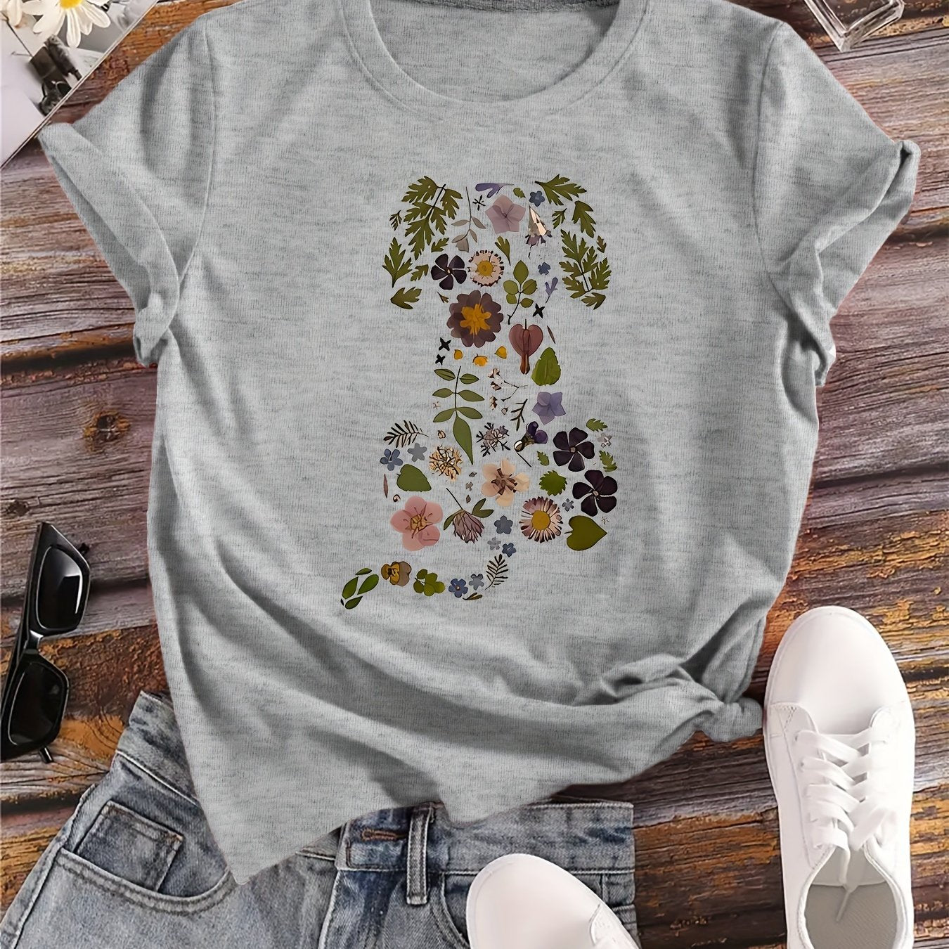 Women's Flower Dog Print Top - Floral Short Sleeve Dog T-shirt