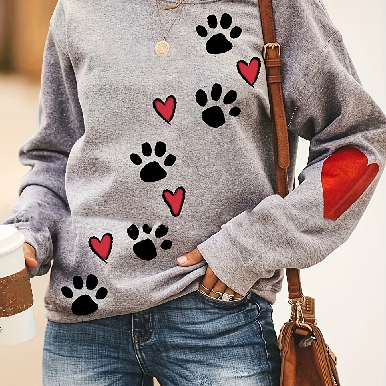 Plus Size Women's Cozy Paw & Heart Print Casual Sweatshirt – Perfect for Autumn & Winter