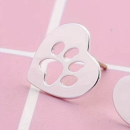 Heart-Shaped Hollow Animal Footprint Stud Earrings – Cute & Elegant Stainless Steel Jewelry