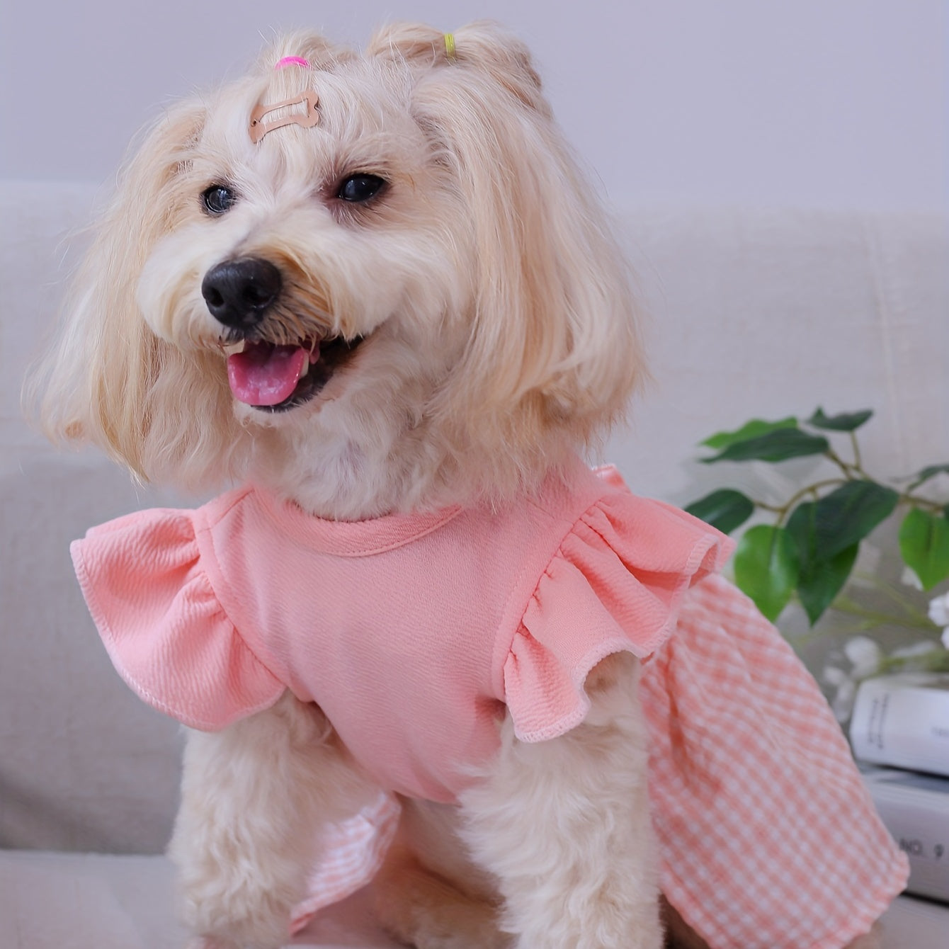 Dog Pastoral Plaid Bow Bud Dress with Flying Sleeves