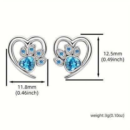 Sterling 925 Silver Hollow Heart Paw Pattern Zirconia Stud Earrings