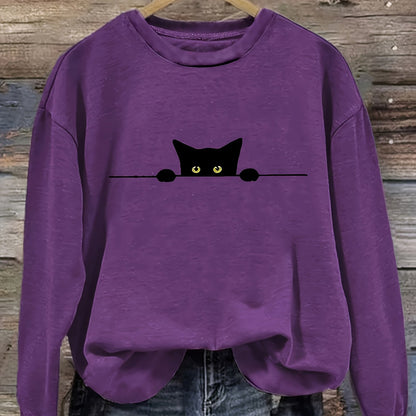 Cat Print Pullover Sweatshirt – Casual Long Sleeve Crew Neck Sweatshirt for Fall & Winter