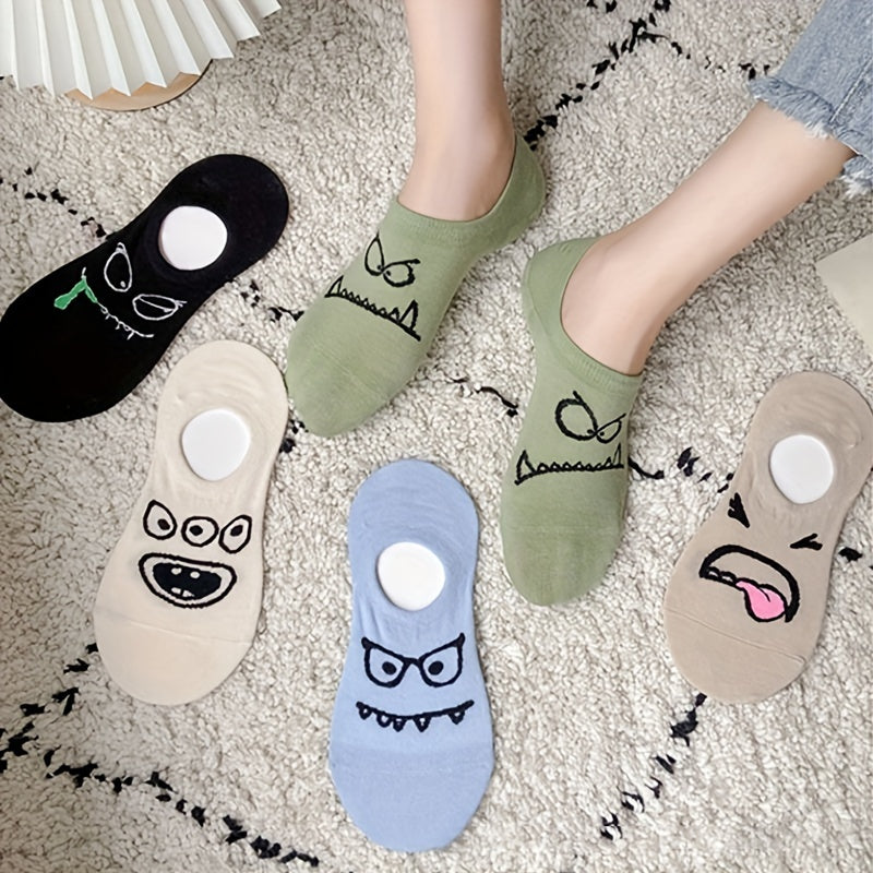 5 Pairs Cartoon Print Socks – Funny & Breathable Low Cut Ankle Socks for Women