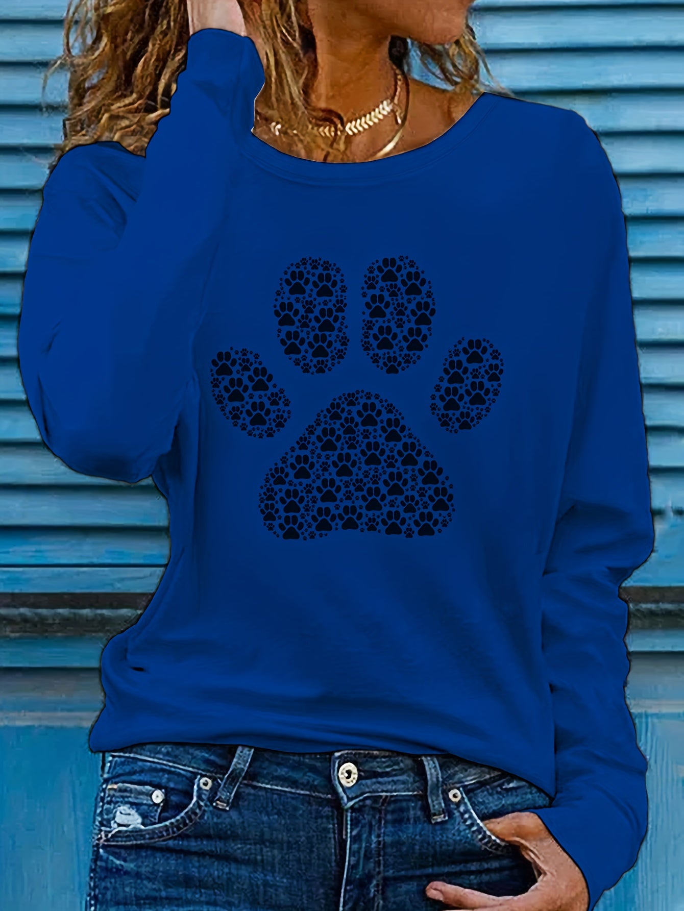 Adorable Puppy Paw Print Tee - Soft, Casual, Long Sleeve Crew Neck T-shirt for Women - Comfortable, Relaxed Fit, Animal Lover's Gift Idea, Women's Clothing