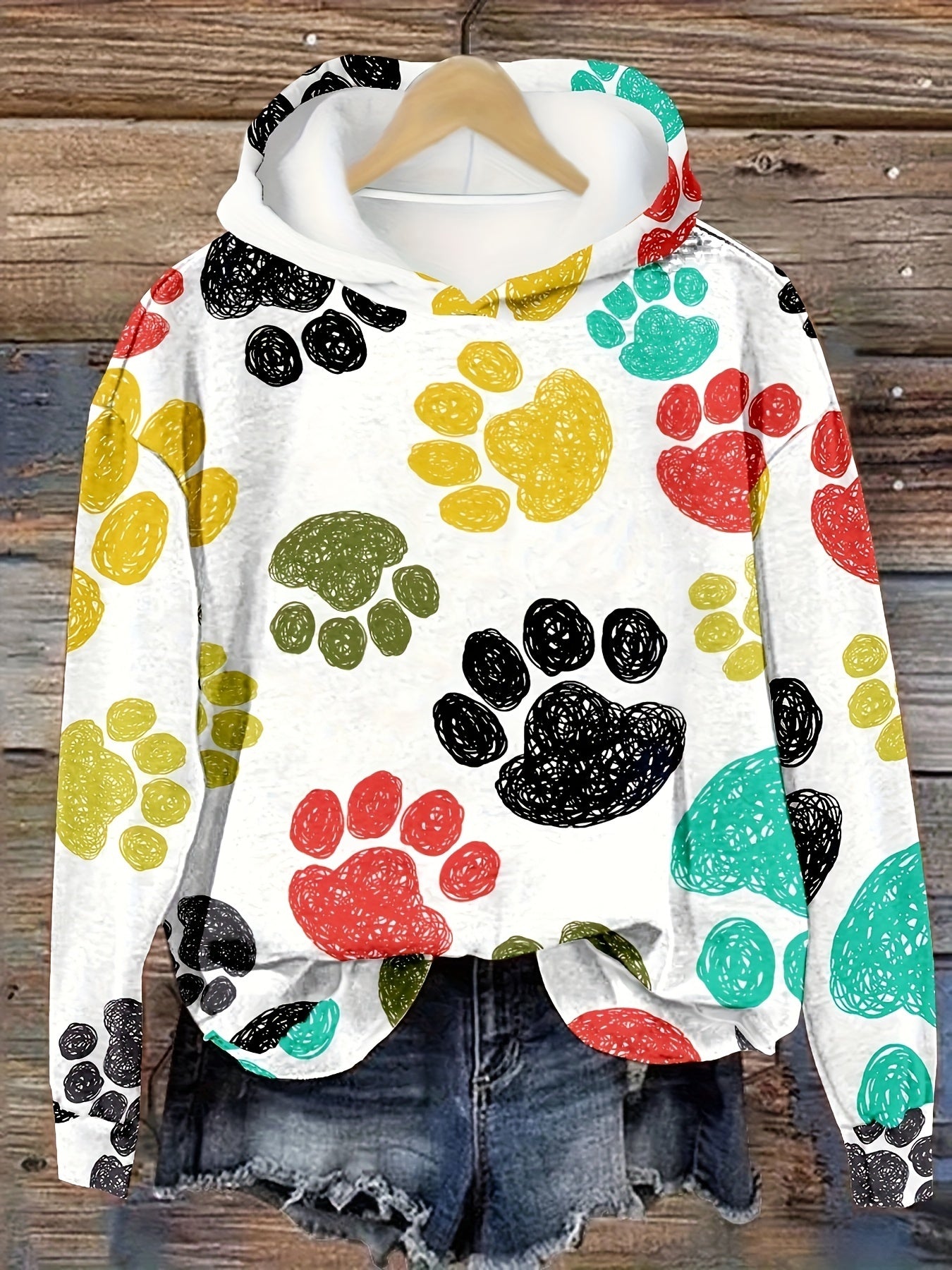 Women's Cute Dog Paw Print Hooded Sweatshirt - Colorful & Comfortable Sportswear