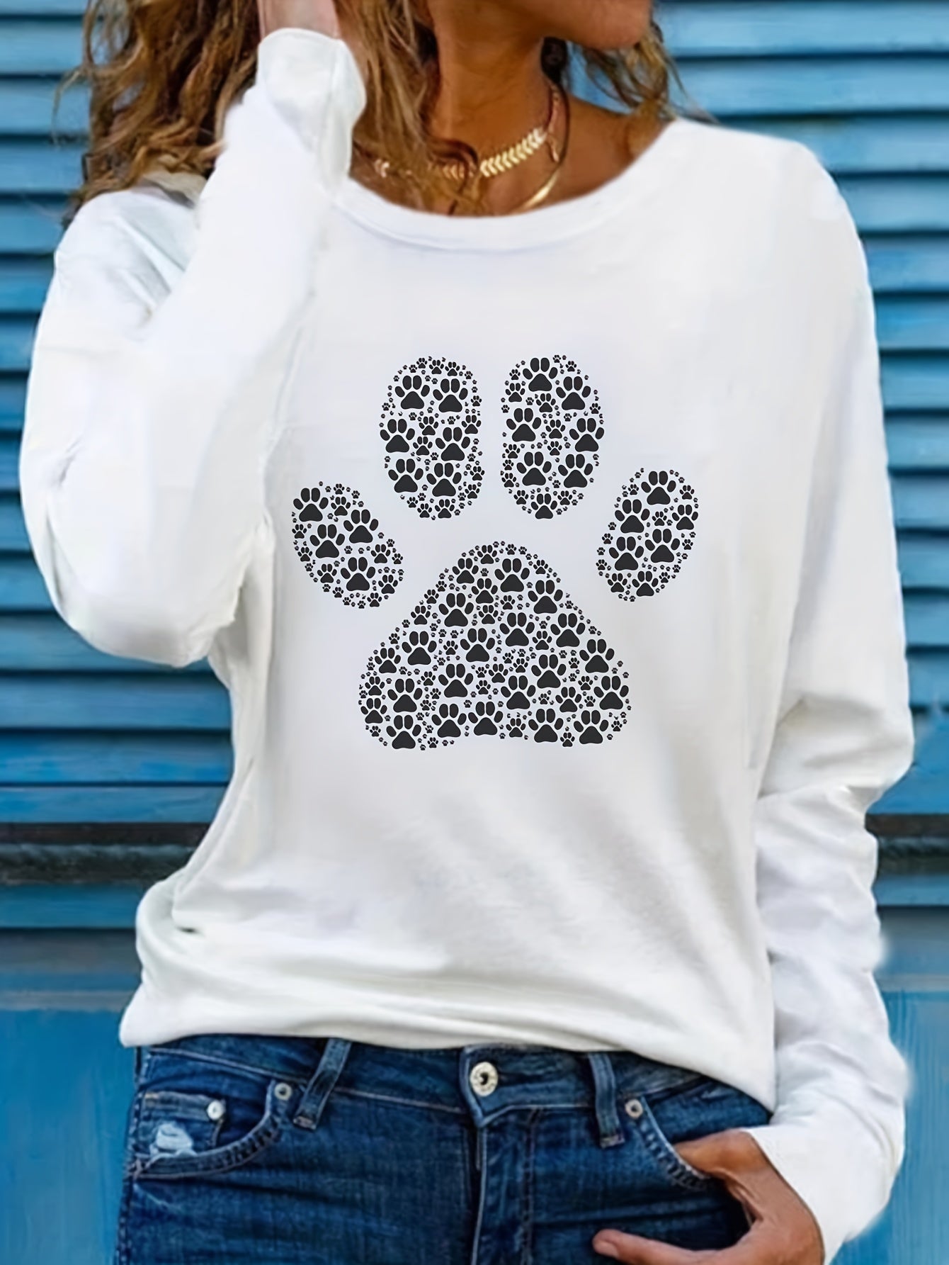 Adorable Puppy Paw Print Tee - Soft, Casual, Long Sleeve Crew Neck T-shirt for Women - Comfortable, Relaxed Fit, Animal Lover's Gift Idea, Women's Clothing