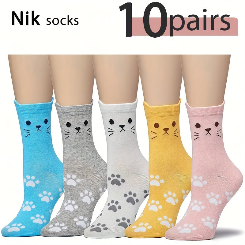 WhimsyCat Women’s Crew Socks – Cute Cat Face & Paw Print Design