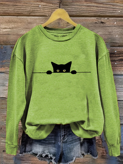 Cat Print Pullover Sweatshirt – Casual Long Sleeve Crew Neck Sweatshirt for Fall & Winter