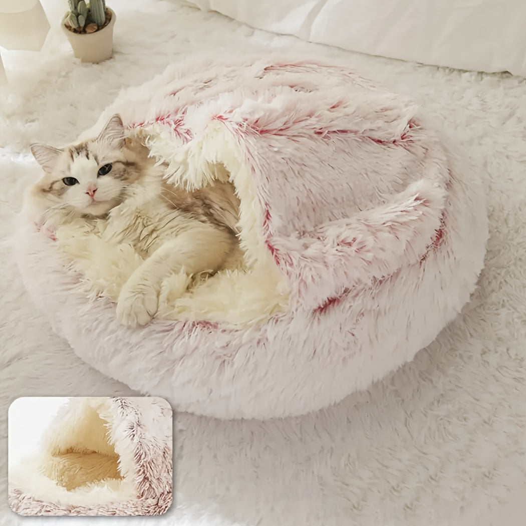 Plush Round Hooded Pet Bed – A Cozy Retreat for Your Furry Friends