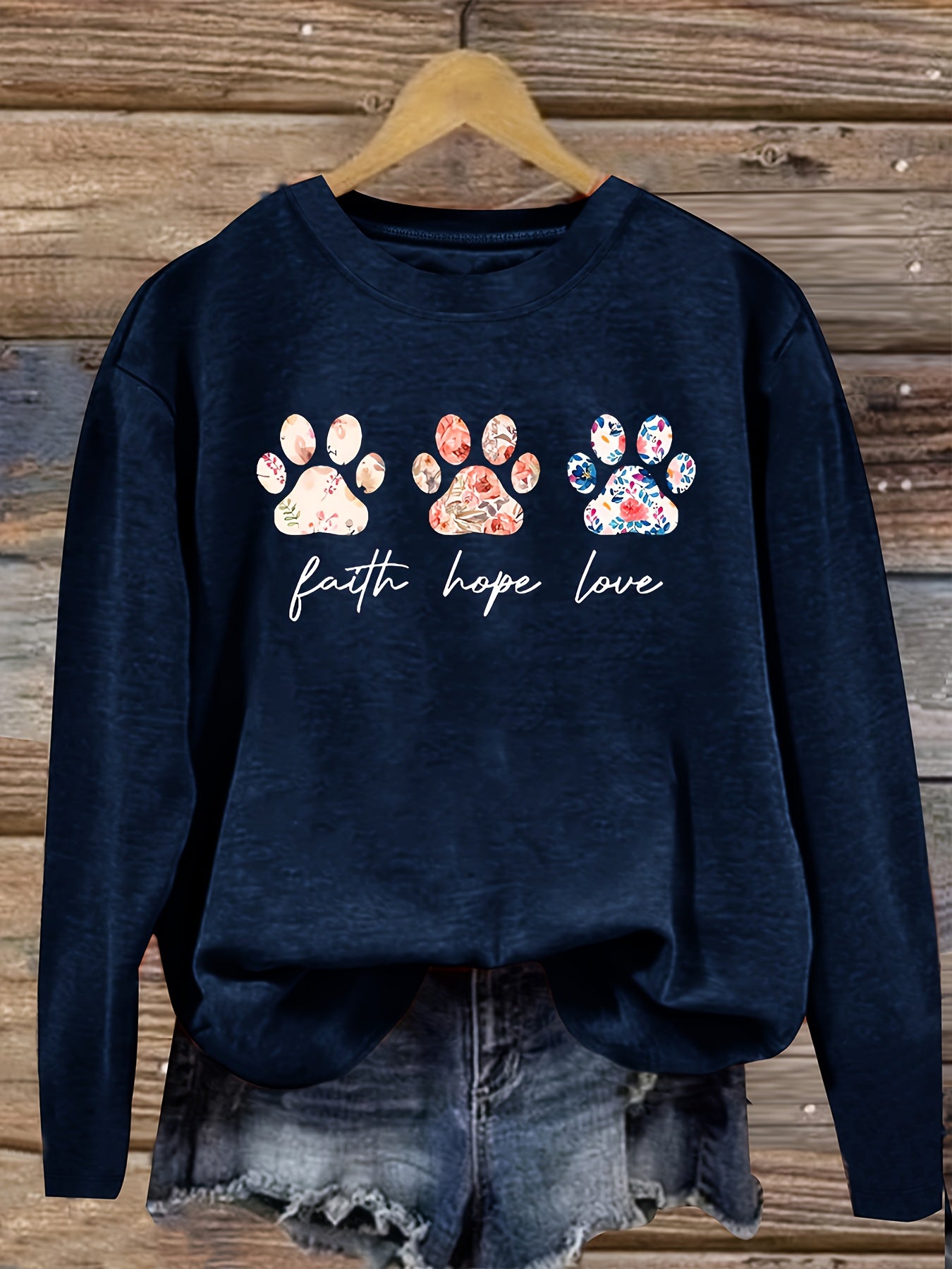 Women's Vintage Floral and Puppy Paw Print Crew Neck Top – Casual Long Sleeve, Polyester Blend