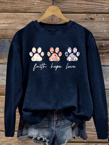 Women's Vintage Floral and Puppy Paw Print Crew Neck Top – Casual Long Sleeve, Polyester Blend