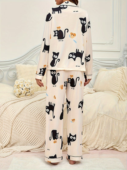 Cozy Women's Pajama Set with Cute Cat Print – Perfect for Fall & Winter