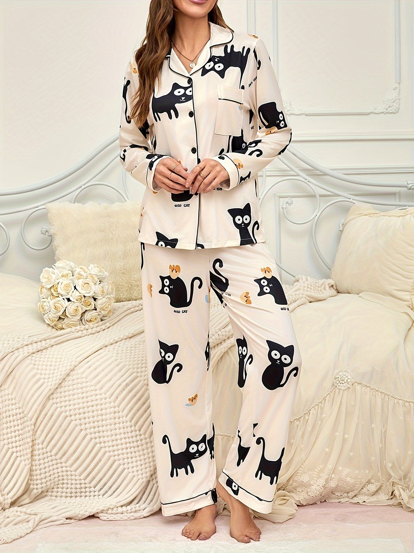 Cozy Women's Pajama Set with Cute Cat Print – Perfect for Fall & Winter