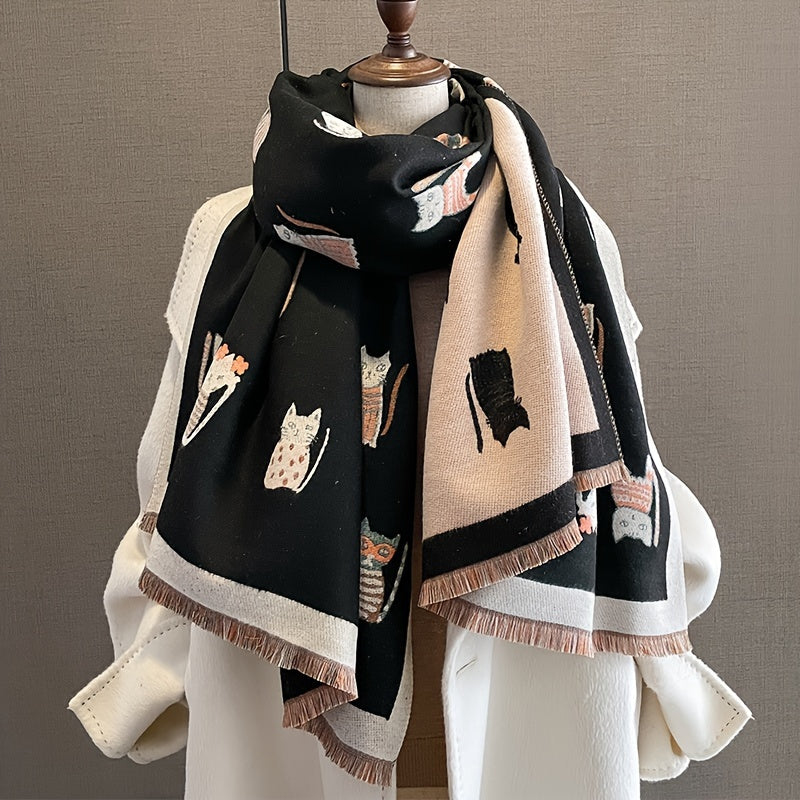 Casual Animal Pattern Embroidered Cat Scarf – Double-Sided Woven Polyester Shawl for Warmth and Style