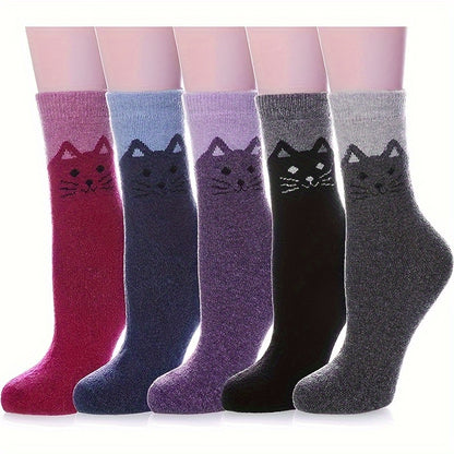 5 Pairs Cute Cat Socks – Thick Winter Warm Crew Socks for Women and Men