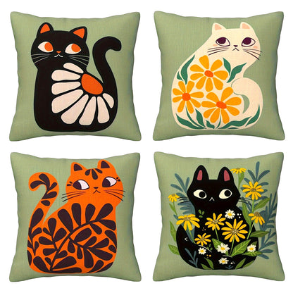 4 Pcs Chic Linen Blend Square Throw Pillow Covers – Green Cat & Floral Design