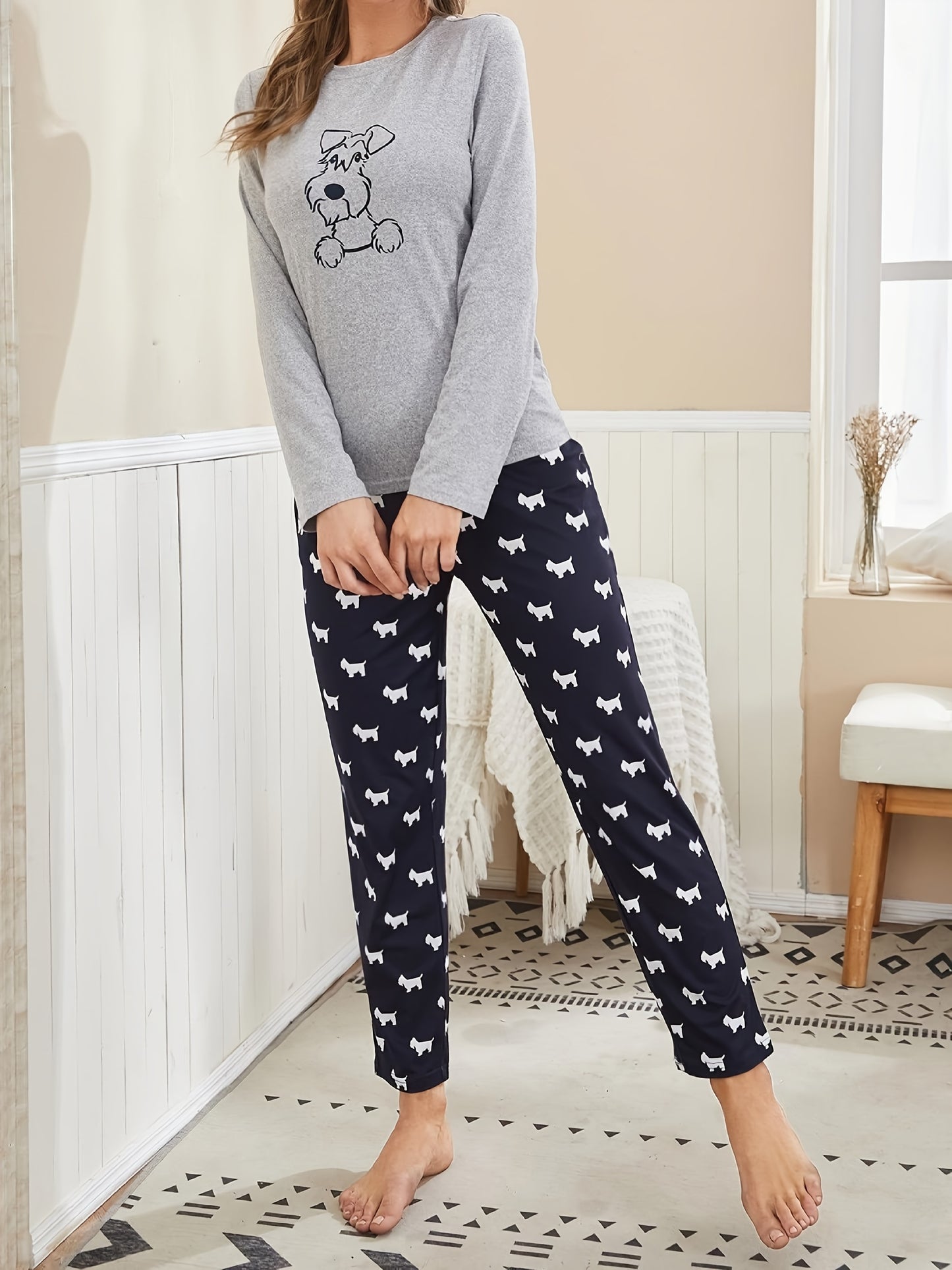 Cartoon Dog Print Pajama Set – Long Sleeve Crew Neck Top & Elastic Waistband Pants