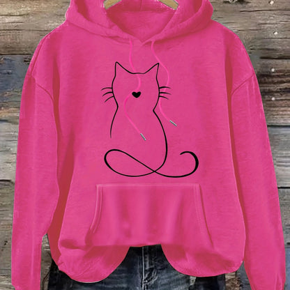 Cat Print Kangaroo Pocket Hoodie – Casual Drawstring Hooded Sweatshirt