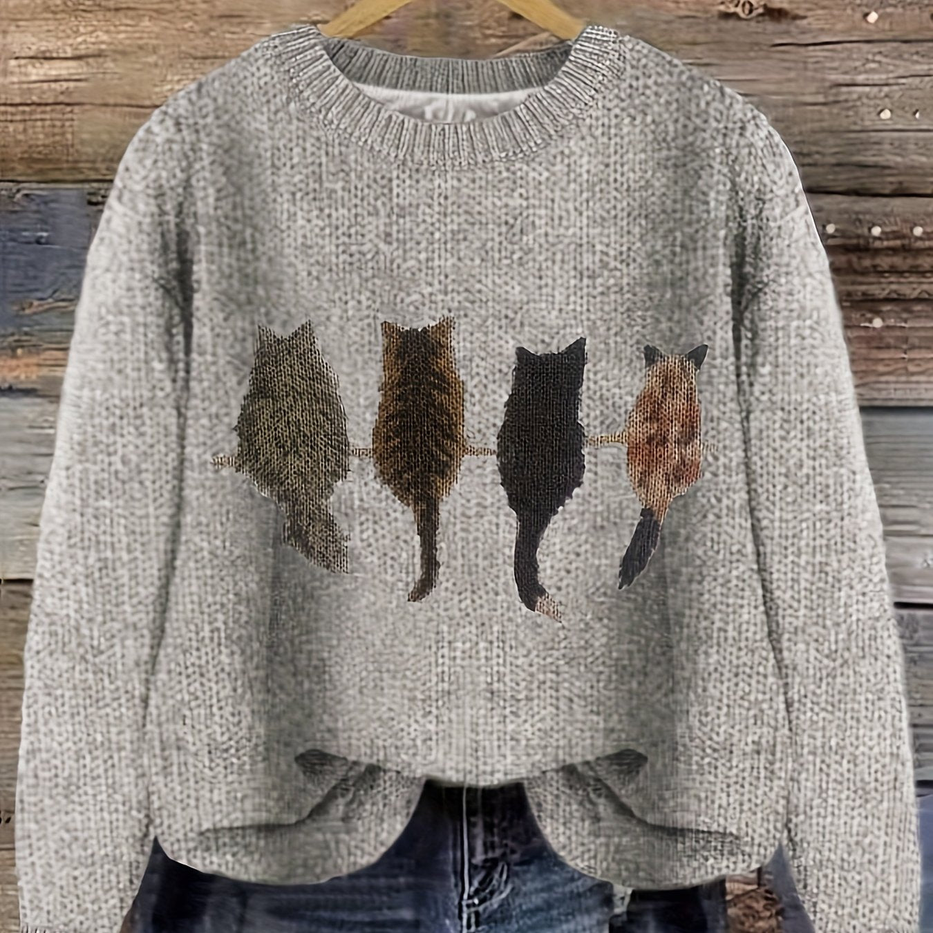 Cat Print Crew Neck Color Block Casual Pullover Sweater