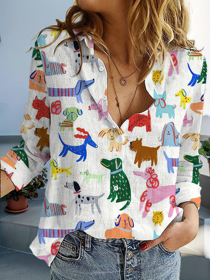 Women's Casual Long Sleeve Button-Up Shirt with Colorful Cute Dogs Pattern