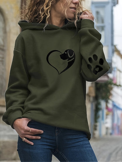 Casual Long Sleeve Dog & Heart & Paw Print Hoodie Sweatshirt – Women's Clothing