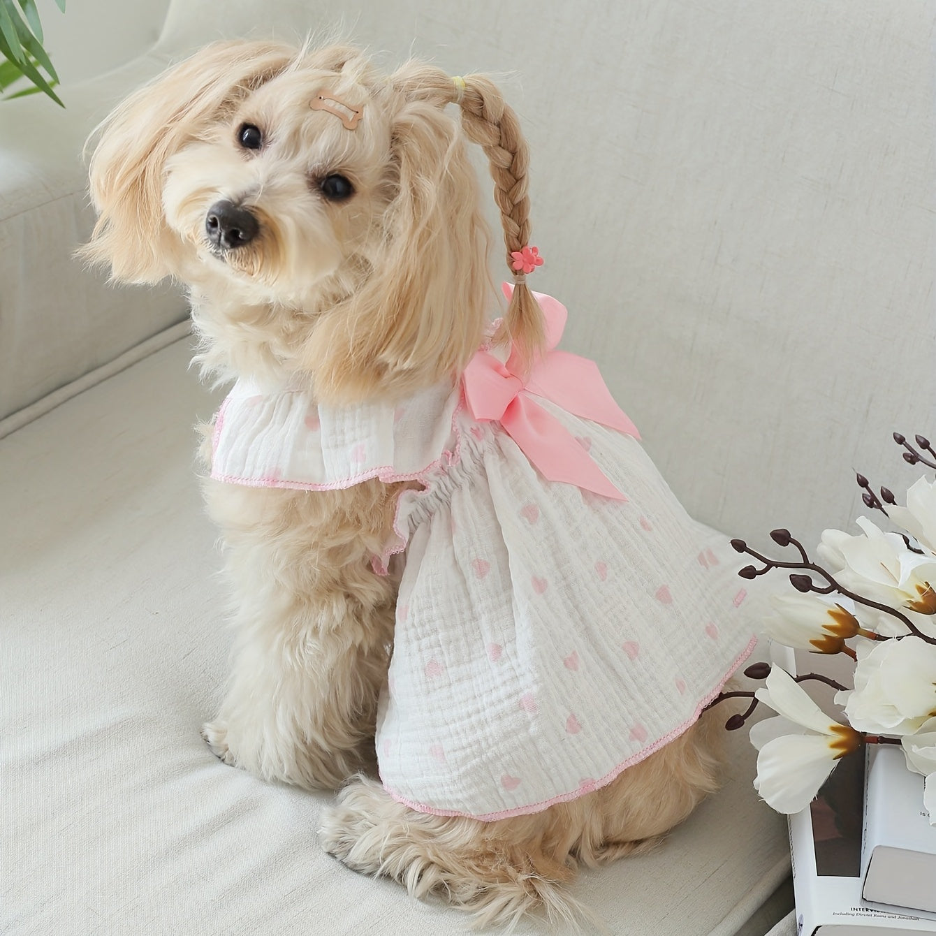 Cute Heart Print Dog Cat Dress with Bow Decoration - Perfect for Birthdays and Holidays