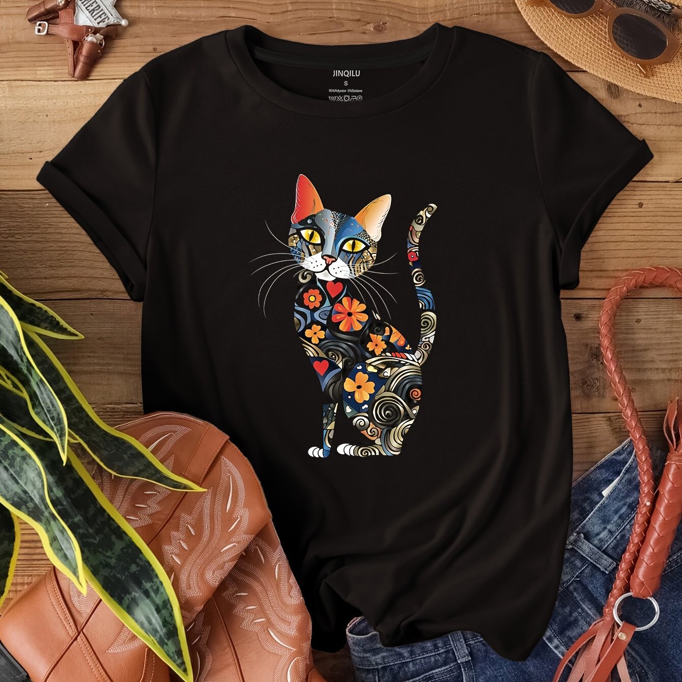 Short Sleeve Cat Print Crew Neck T-Shirt for Women – Casual Spring & Summer Clothing