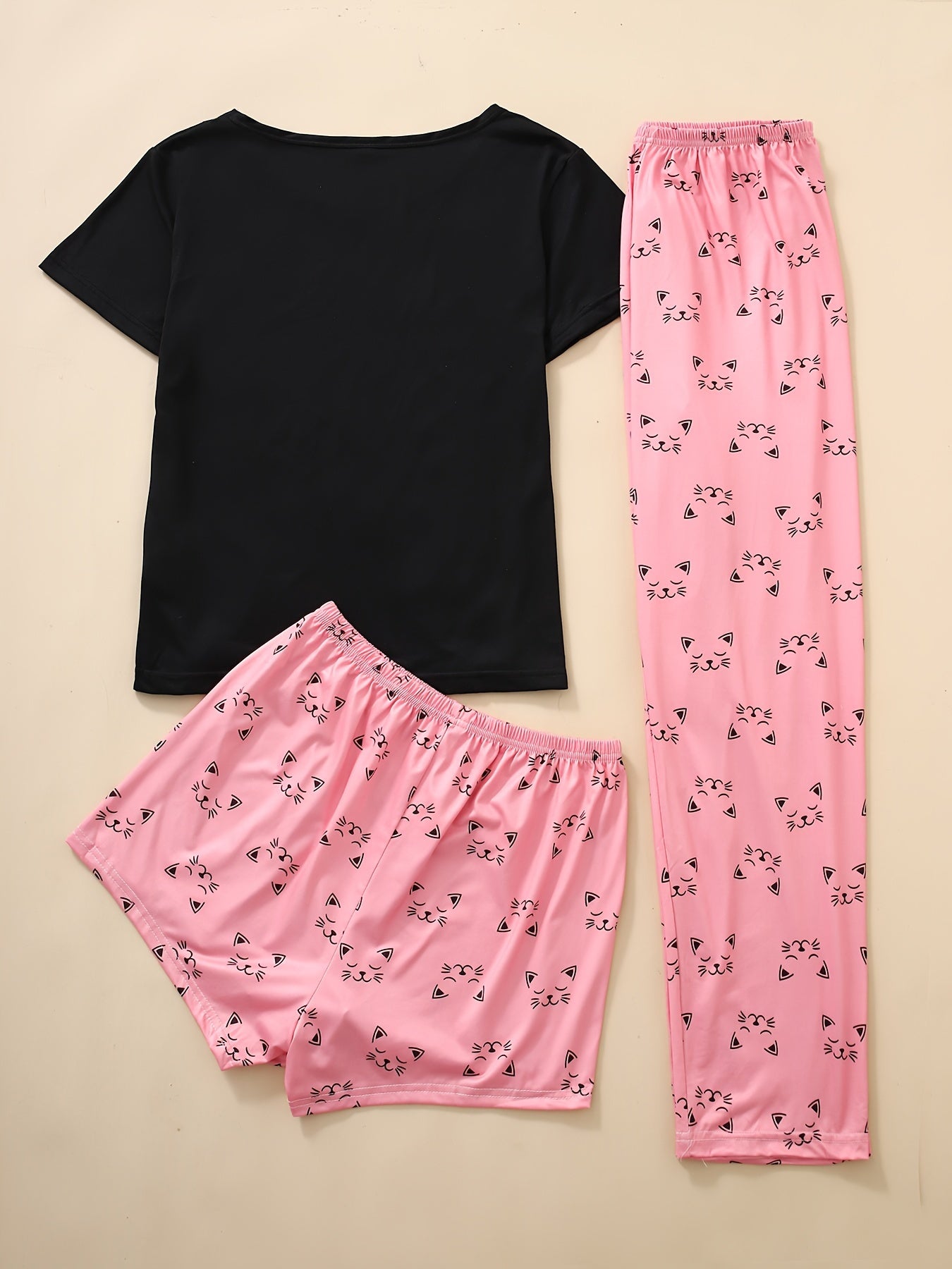 Cute Cat Print Pajama Set – Short Sleeve Crew Neck Top & Shorts/Pants Women's Sleepwear & Loungewear