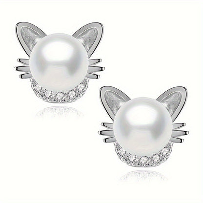 Adorable Cat Design Stud Earrings with Imitation Pearl – Elegant Vintage Style for Women