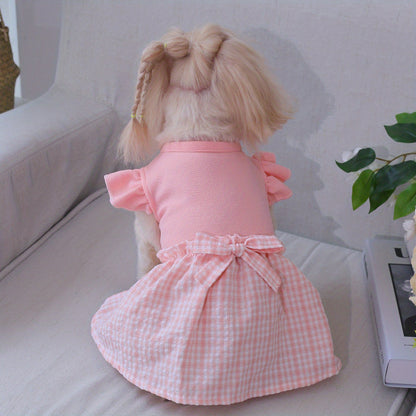 Dog Pastoral Plaid Bow Bud Dress with Flying Sleeves