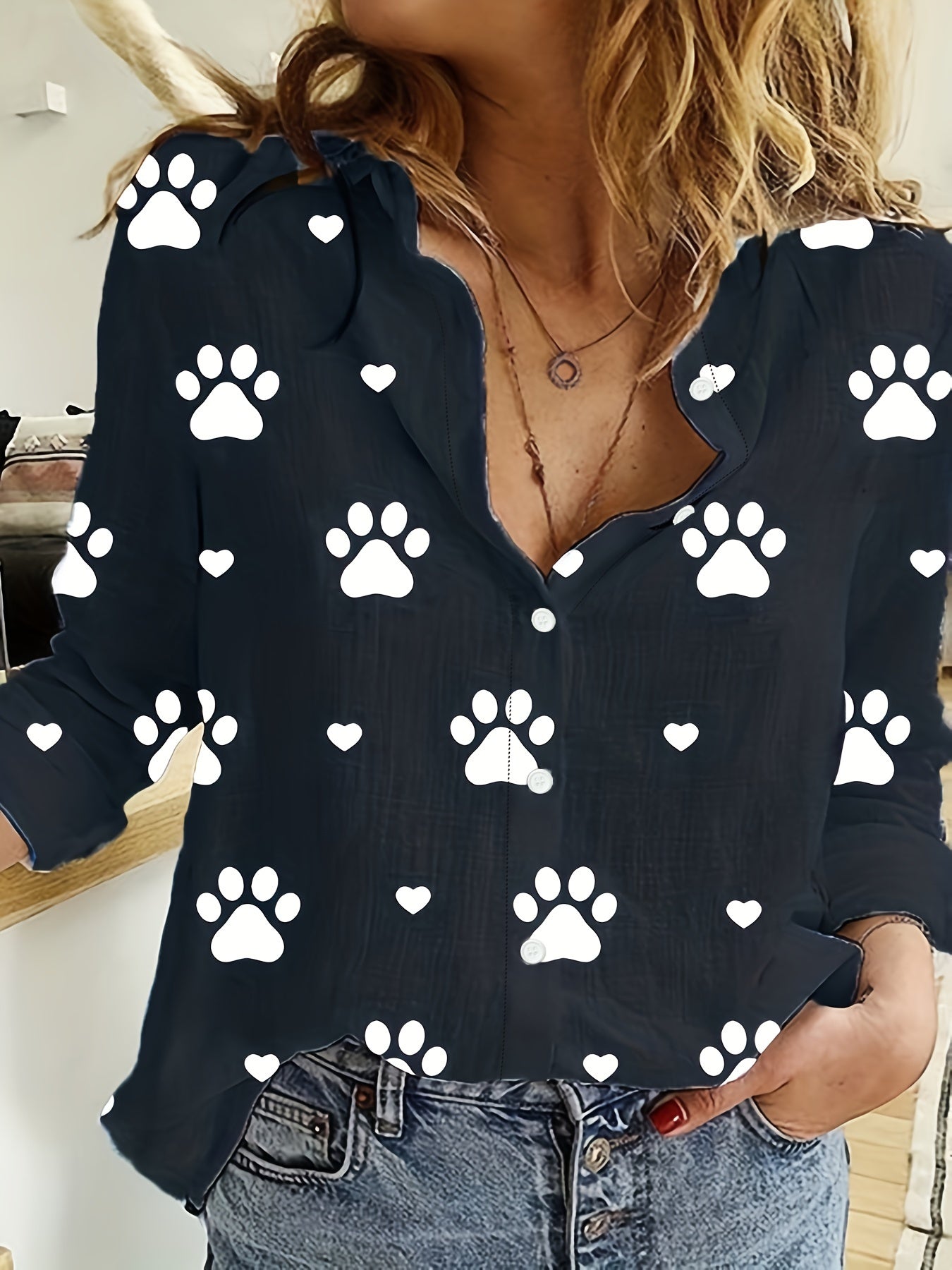 Paw Print Button Front Shirt – Cute & Casual Long Sleeve Top for Spring & Fall