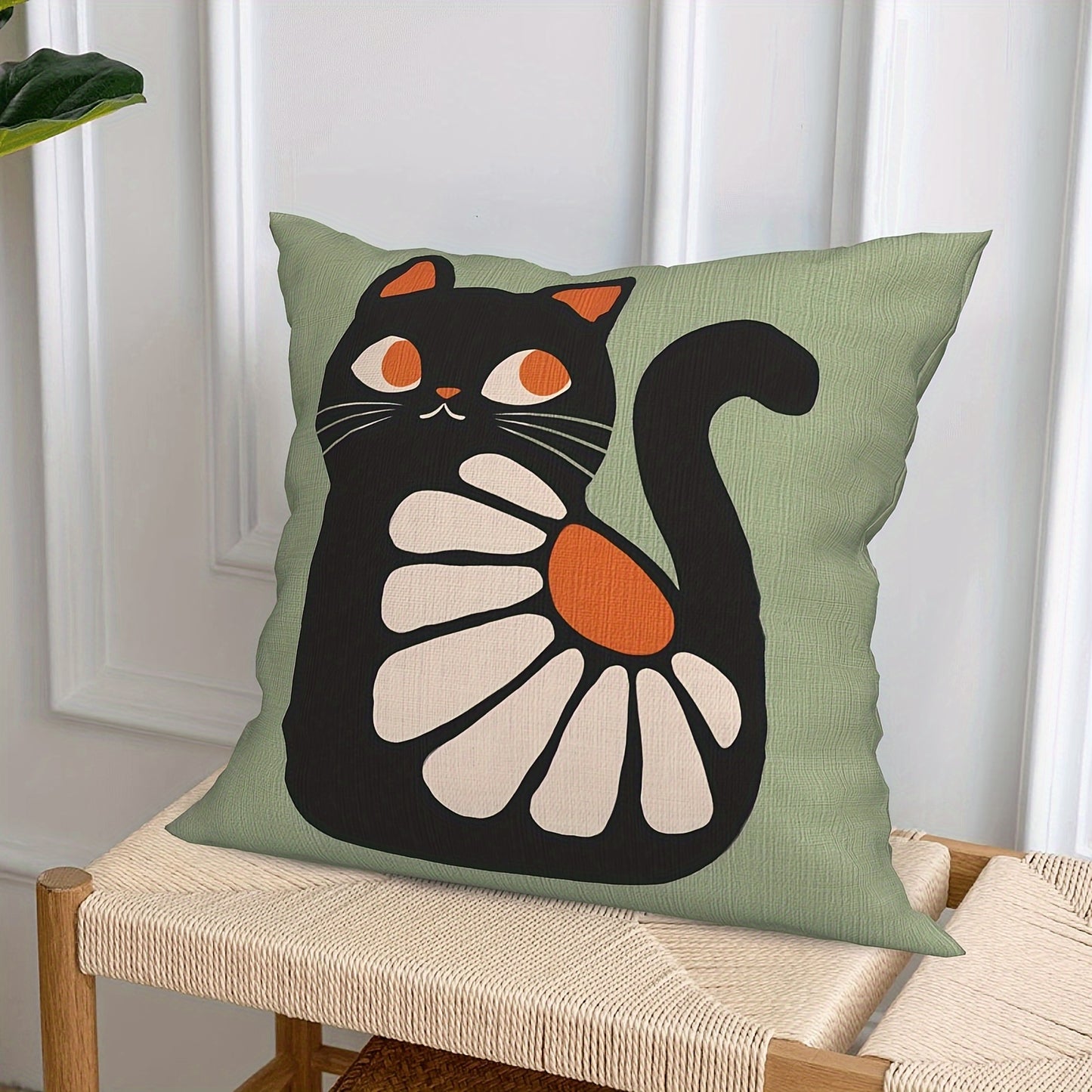 4 Pcs Chic Linen Blend Square Throw Pillow Covers – Green Cat & Floral Design