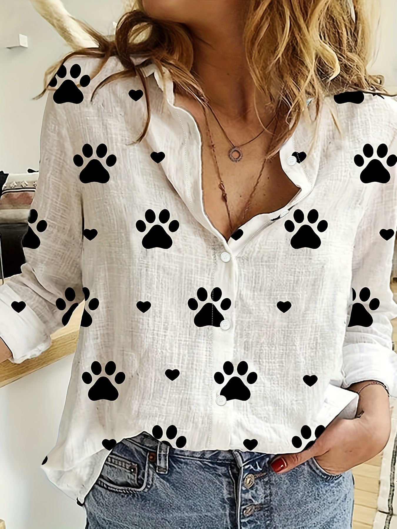 Paw Print Button Front Shirt – Cute & Casual Long Sleeve Top for Spring & Fall