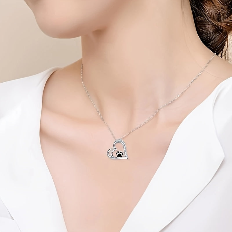 925 Sterling Silver Heart-Shaped Pendant Necklace – Synthetic Cubic Zirconia Paw Print Design