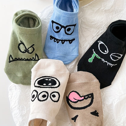 5 Pairs Cartoon Print Socks – Funny & Breathable Low Cut Ankle Socks for Women