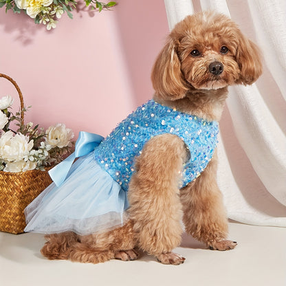 Sparkle and Shine: Pet Sleeveless Sequin Bow Mesh Dress