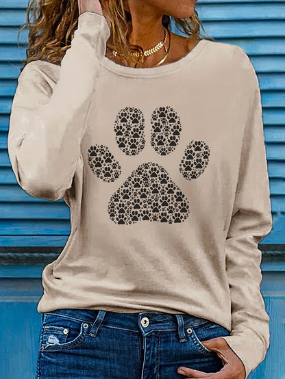 Adorable Puppy Paw Print Tee - Soft, Casual, Long Sleeve Crew Neck T-shirt for Women - Comfortable, Relaxed Fit, Animal Lover's Gift Idea, Women's Clothing