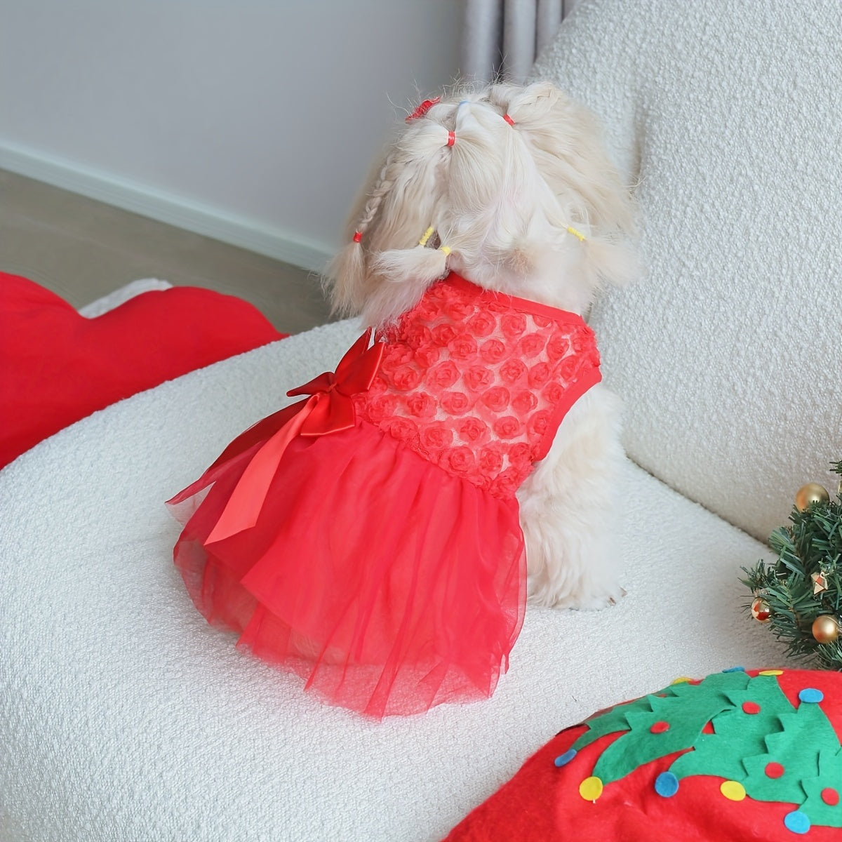 Red Rose 3D Floral Tulle Dress with Bowknot