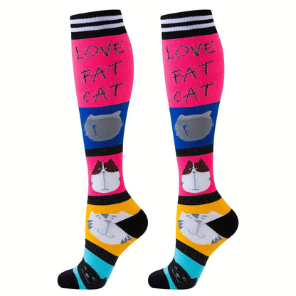 5 Pairs of Cartoon Cat Patterned Men's Over-The-Calf Breathable Compression Socks – Soft, Comfy, Moisture-Wicking, and Stylish for Outdoor Fitness Exercises