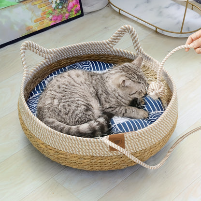 Handwoven Natural Fabric Cat Bed – Vintage Style Pet House with Removable Cotton Pad