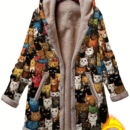 Women's Plus Size Casual Long Hooded Parka Coat with Cat Print – Fleece-Lined Button-Up Jacket for Winter