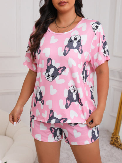 Women's Plus Size Cute Dog & Hearts Print Short Sleeve Top & Shorts Pajama Set – Casual Lounge Sleepwear Set