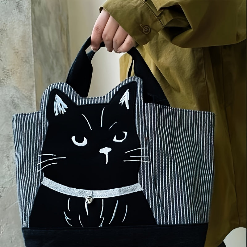 Black Cat Embroidered Tote Bag – Large Capacity Shoulder Bag