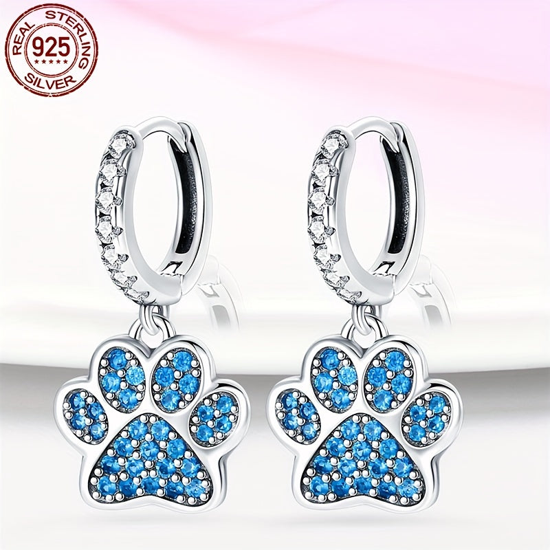 Sterling 925 Silver Hypoallergenic Dangle Earrings with Blue Zirconia Paw Design