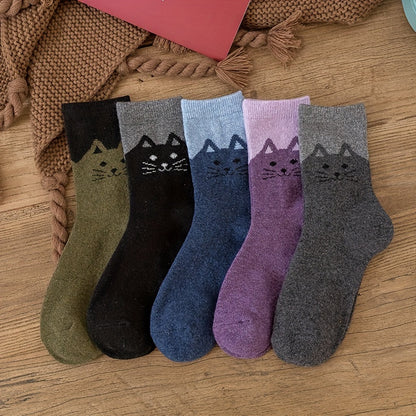 5 Pairs Cute Cat Socks – Thick Winter Warm Crew Socks for Women and Men