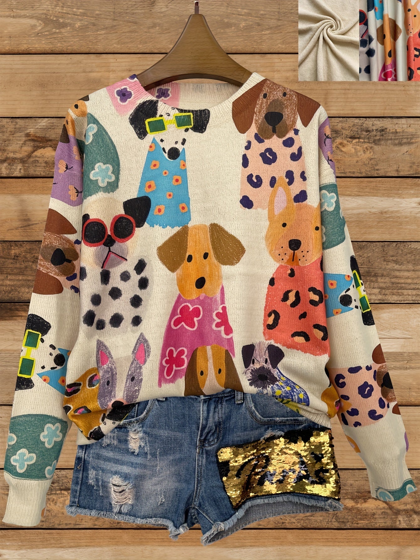 Women's Fashion Knit Sweater - Cartoon Dogs Pattern