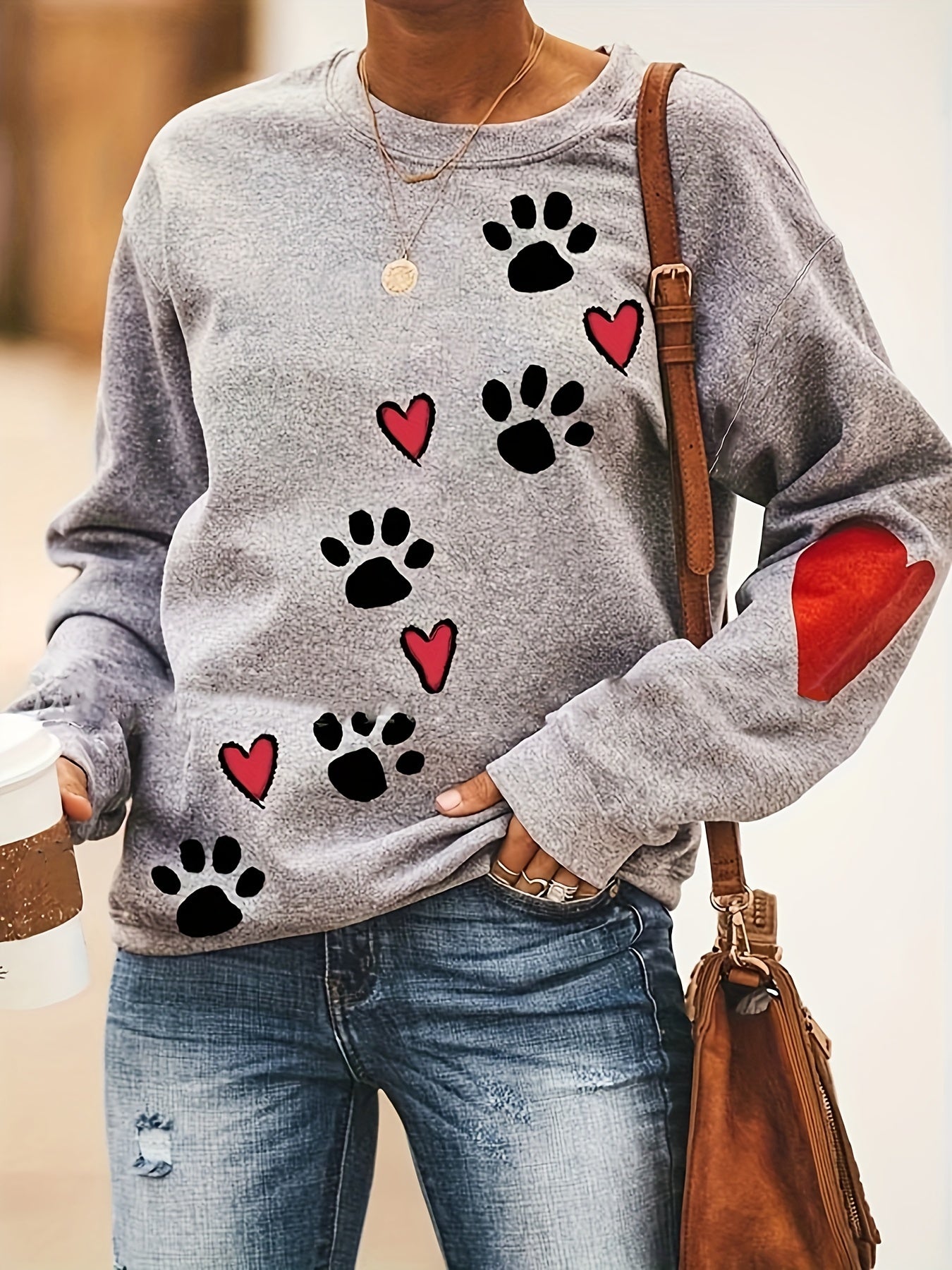 Plus Size Women's Cozy Paw & Heart Print Casual Sweatshirt – Perfect for Autumn & Winter