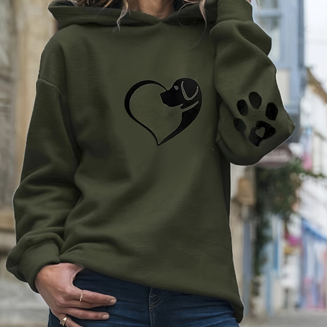 Casual Long Sleeve Dog & Heart & Paw Print Hoodie Sweatshirt – Women's Clothing