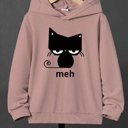 Boys' Casual Cat Print Hoodie – Comfortable Loose-Fit Long Sleeve Pullover for Fall/Winter